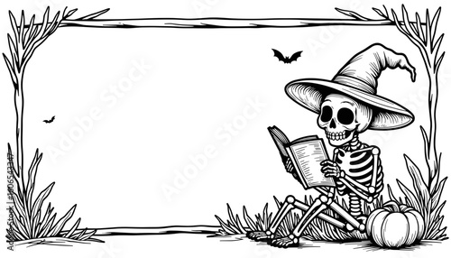 Halloween frame with skeleton reading spellbook – Cute kids coloring design, black and white