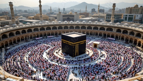 a large gathering of people in a circular formation around the kaaba, an islamic holy site, during a time of communal prayer, captured from an aerial perspectiv