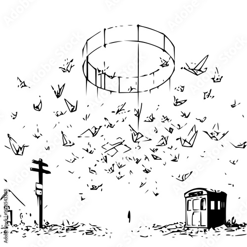 Origami birds falling from a circular structure above a lone figure between a building and a booth like structure