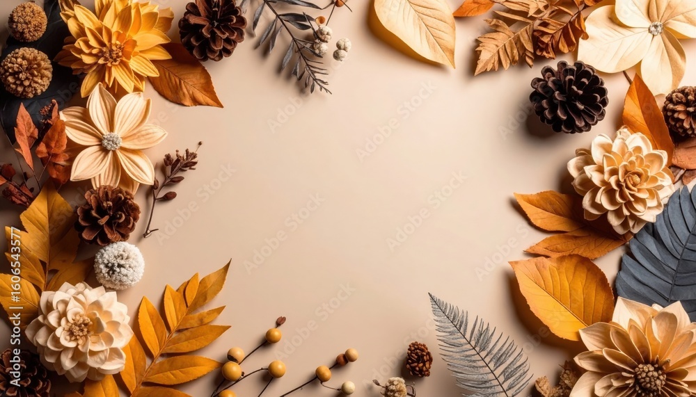 Fototapeta premium Autumn floral arrangement with leaves and pinecones neutral background decorative art indoor environment top-down view seasonal theme