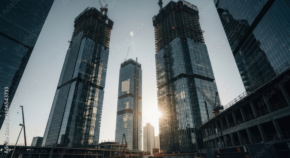 Obraz premium Modern city skyline with under-construction skyscrapers