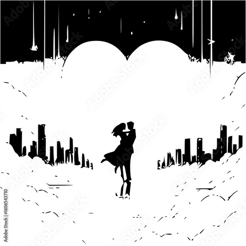 Silhouette of a couple embracing in front of a city skyline with a heart shaped cloud above it all