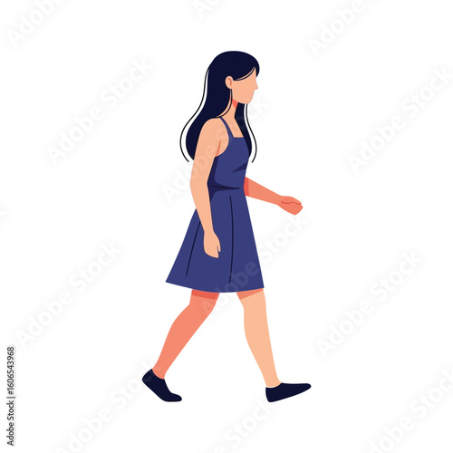 Woman in Blue Dress Walking Sideways