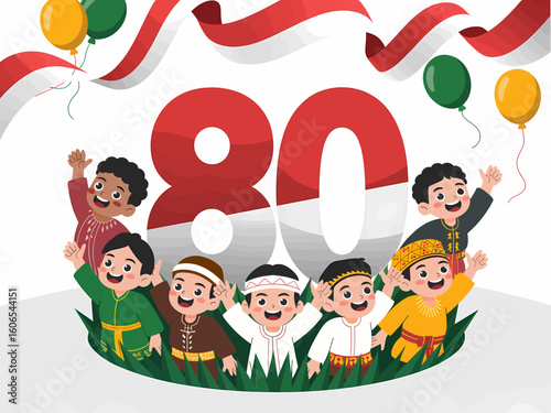 Illustration for Indonesia's 80th anniversary, featuring children in traditional clothing waving, with balloons and red and white ribbons.