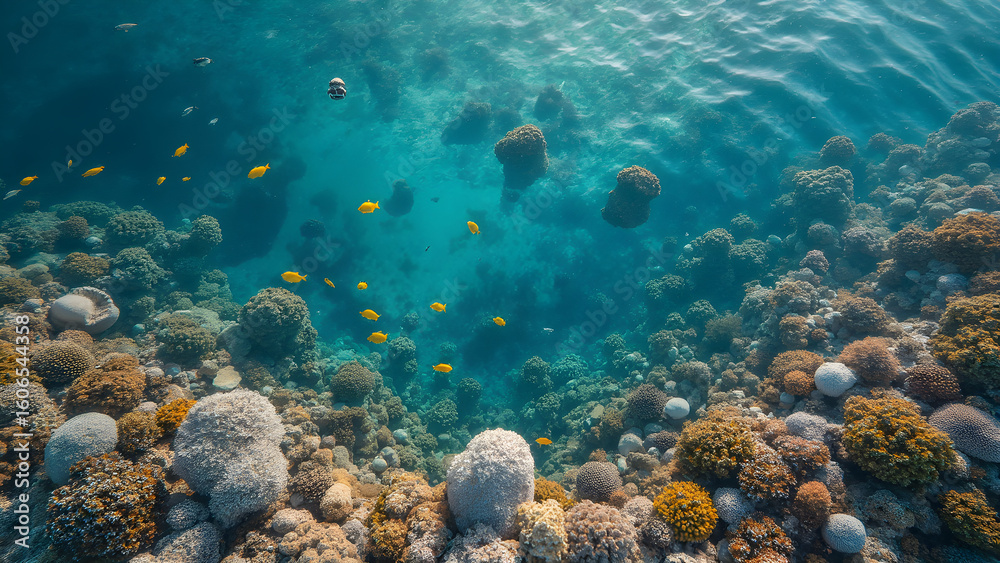 Fototapeta premium Aerial view of vibrant coral reefs. Stunning underwater ecosystems in clear water. Explore colorful marine life. Experience the beauty of tropical coral gardens.