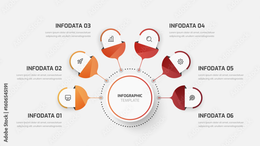 Naklejka premium Business Central Circle, Infographic Presentation with Gradient Color, Circle Label, 6 Options, Line and Icon