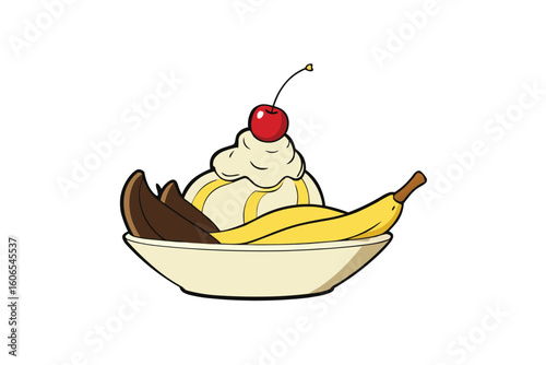 Animated style banana split dessert with cherry topping