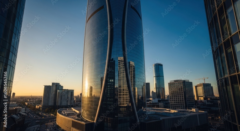 Obraz premium Modern skyscraper at dawn, city skyline reflected