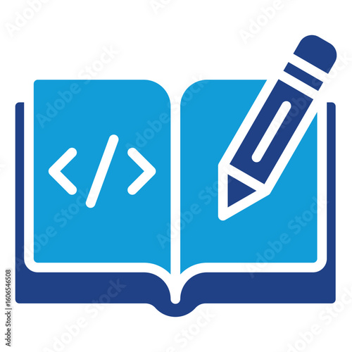 Code Writing Glyph Dual Tone Blue Silhouette Icon Vector Design - Open book with pencil and code symbol, representing code documentation or script creation