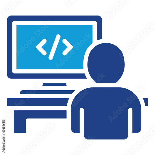 Developer Work Glyph Dual Tone Blue Silhouette Icon Vector Design - Person working in front of a monitor with code on screen, symbolizing a software developer at work