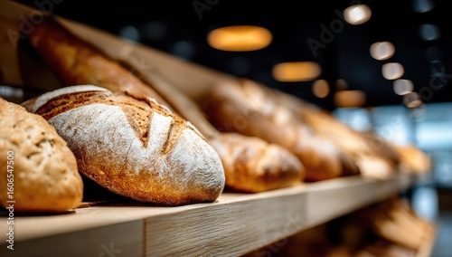 Variety of baked goods displayed on wooden shelves.