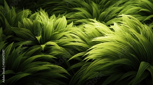 Lush green foliage with abundant, vibrant leaves creating a dense and textured natural pattern, illuminated by soft sunlight.