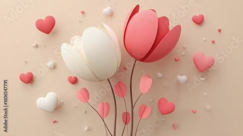Two stylized tulips with heart-shaped petals and floating hearts on a beige background, symbolizing love and romance.