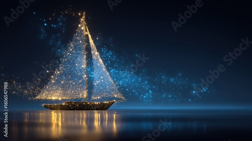 A glowing, abstract sailboat made of golden and blue particles floats on a calm, reflective surface in a dark, dreamy atmosphere.