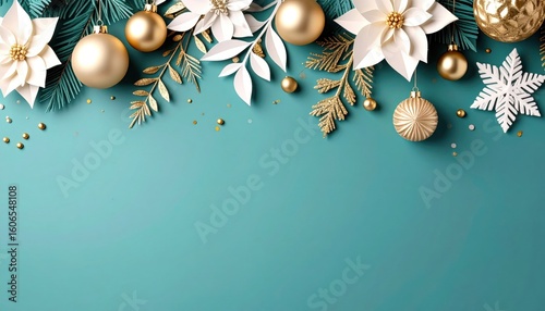 Elegant christmas decor with gold and white ornaments holiday celebration flat lay composition festive atmosphere aerial view seasonal vibes