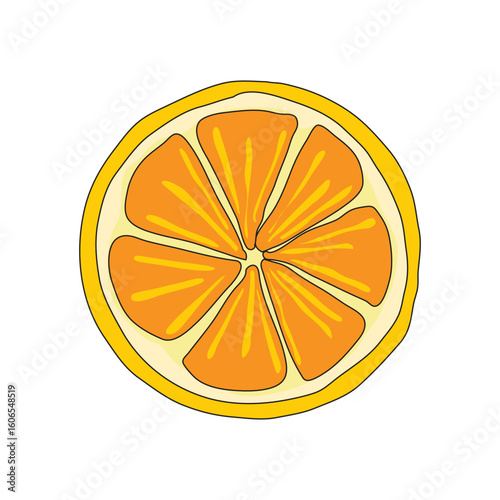 A cartoon-style orange fruit slice with juicy pulp and bright colors. Isolated on white background. Ideal for health, citrus food, summer theme, or natural product design.