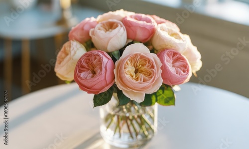 Blooming roses in a glass vase on a white table; soft, bright sunlight