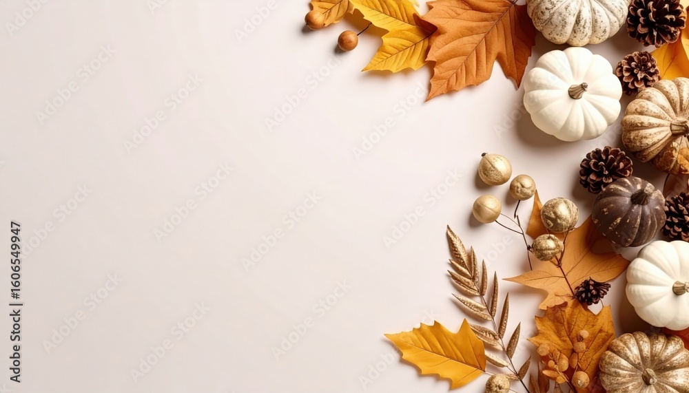 Fototapeta premium Autumn harvest celebration home decor decorative arrangement indoor overhead view seasonal aesthetics