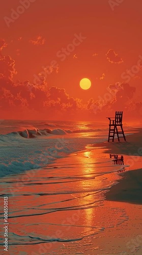 A tranquil beach scene featuring a lone chair by the shore during sunset, with vibrant orange hues reflecting on the calm water, creating a serene atmosphere for relaxation.