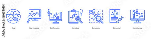 Biomedical innovation web banner icon vector illustration showing Drug, Heart Analysis, Bioinformatics, Biomedical, Biomedicine, Biomedical, and Biomechanical.
