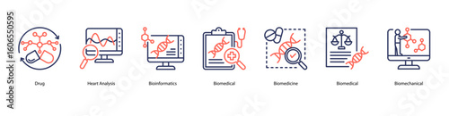 Biomedical innovation web banner icon vector illustration showing Drug, Heart Analysis, Bioinformatics, Biomedical, Biomedicine, Biomedical, and Biomechanical.
