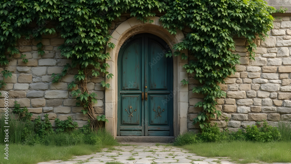 Fototapeta premium ivy-covered door design ideas. stone wall aesthetics for gardens. ultra realistic door art inspiration. beautiful entrance ideas for homes.