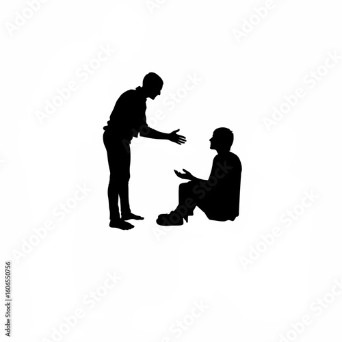 Silhouette of person kneeling while encouraging seated individual on white background