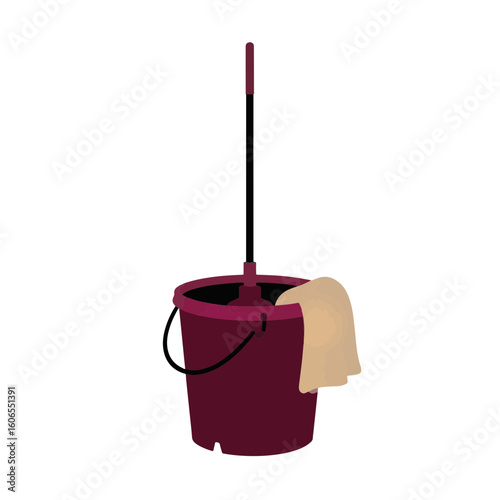 Mop bucket silhouette with towel on white background, cleaning concept