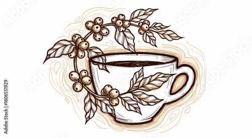 Hand drawn vector illustration of coffee cup surrounded by coffee cherries and branches, coffee beans art sketch black vector with botanical influence