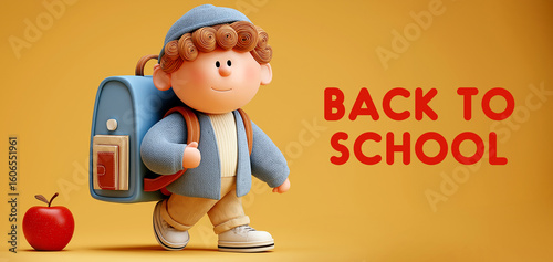 Cheerful Cartoon 3dBoy with Backpack and Apple Ready to Learn - Back to School Banner Concept