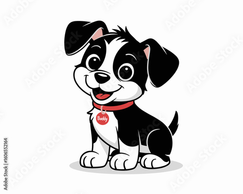Playful Cartoon Puppy Sitting Happily in a Colorful Environment - Illustration