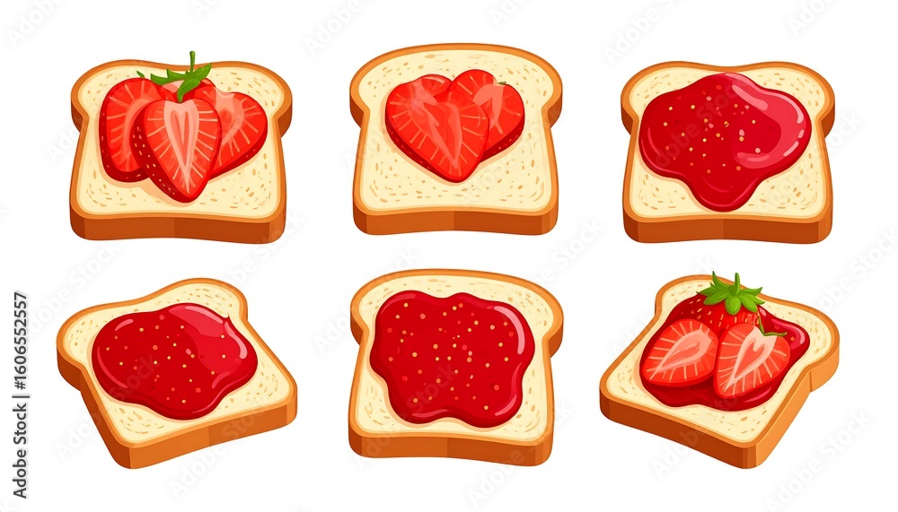 Fototapeta premium Six slices of bread with strawberry jam and fruit