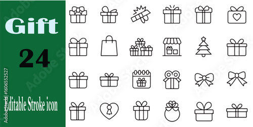 Collection of twenty four line icon illustrations of gifts presents and festive celebrations