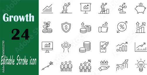 Collection of twenty-four editable stroke icons depicting financial growth and success