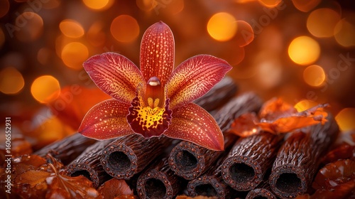 Burgundy orchid with a yellow center on a woodpile, bokeh background