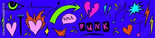 Doodle punk rock scribble set with heart, eye and crown. Sketch scribble doodle y2k punk element. Crayon vector hand drawn.