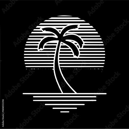 A white palm tree silhouette against a striped sun and water on a black background in a minimalist style