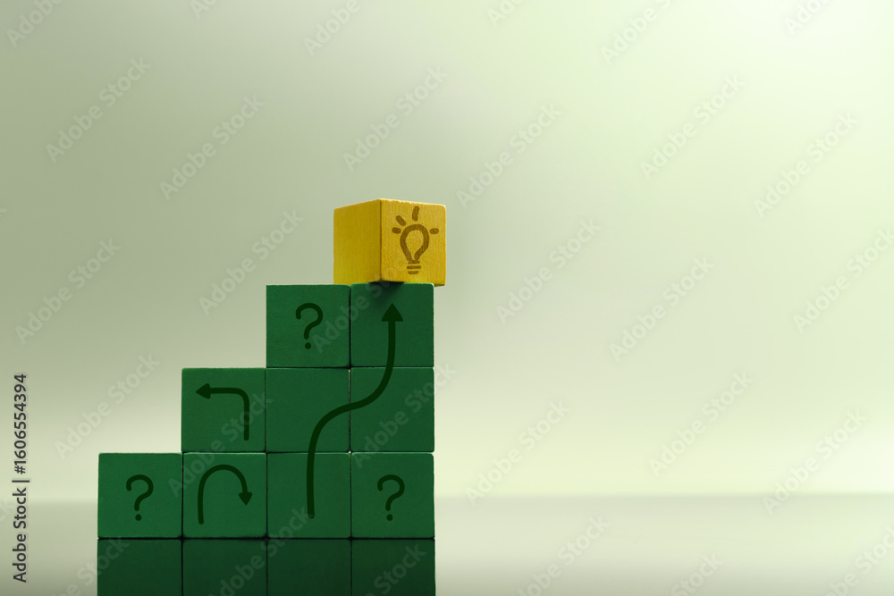 Obraz premium Staircase of green blocks with question marks leads to yellow cube symbolizing a solution, problem-solving, innovation and economic recovery