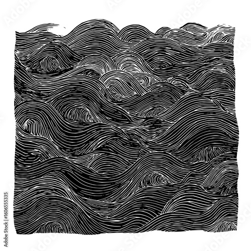 Monochrome illustration featuring repetitive wavy lines resembling a turbulent ocean surface pattern design