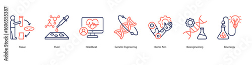 Human biology web banner icon vector illustration featuring Tissue, Fluid, Heartbeat, Genetic Engineering, Bionic Arm, Bioengineering, and Bioenergy.
