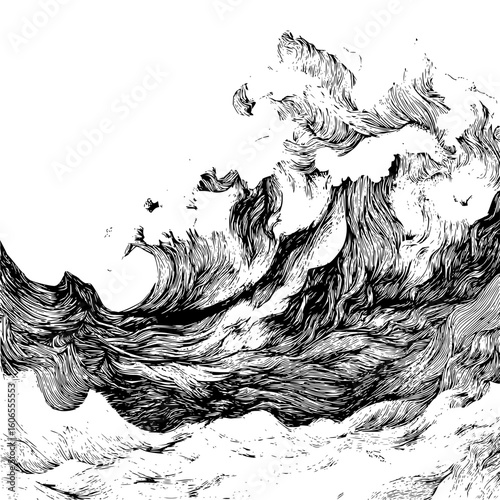 A detailed black and white illustration of ocean waves with intricate line work and dynamic water movement effect
