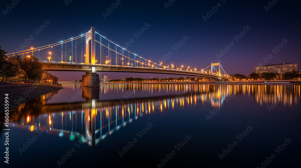 Obraz premium Suspension Bridge Illuminated at Night with Reflection