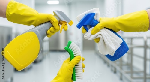 Cleaning tools held by gloved hands in a sterile, bright kitchen area