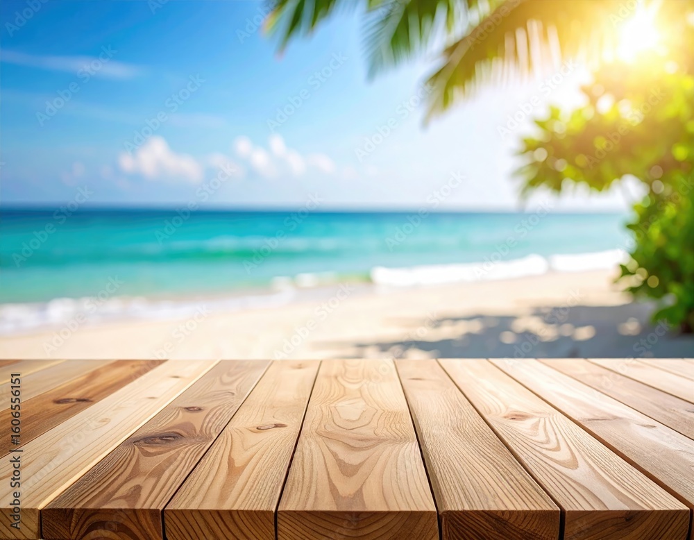 Fototapeta premium Wooden table on beach scene
