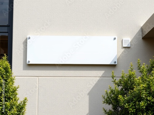 White blank sign mounted on stucco wall with green bushes and vent on a sunny day outdoors