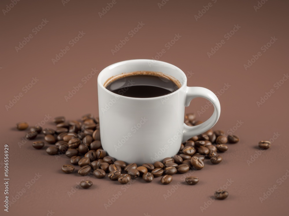 Fototapeta premium A white mug filled with black coffee surrounded by roasted coffee beans on a brown background surface