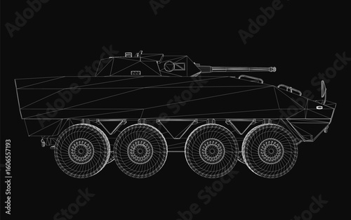 Detailed blueprint of an armored troop carrier tank with intricate wireframe design on a black background. The 3D model features precise lines and curves.