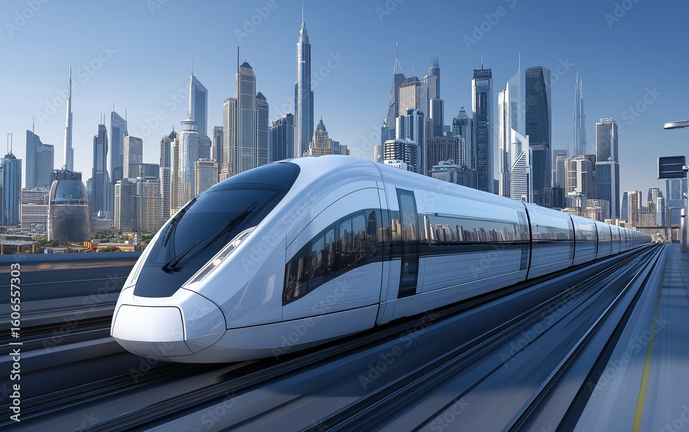 Naklejka premium Futuristic white high-speed train gliding through a modern cityscape, embodying cutting-edge rail technology and sleek aerodynamic design