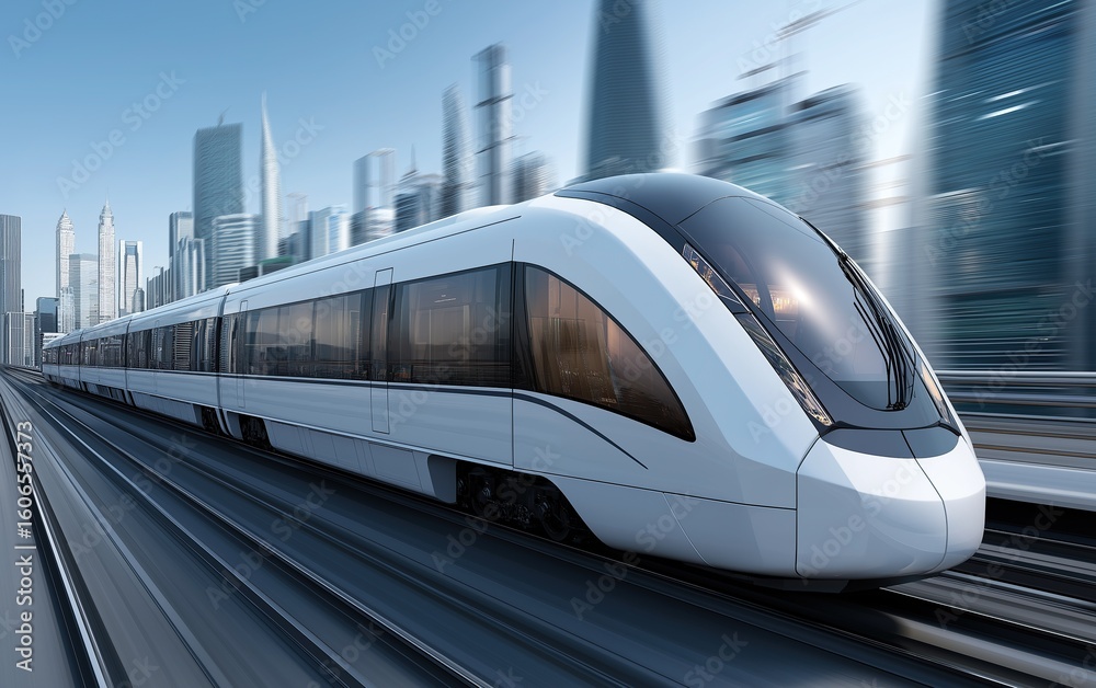 Naklejka premium A sleek white high-speed electric bullet train with glass windows glides through a modern cityscape, motion blur emphasizing dynamic movement on railway tracks against towering skyscrapers