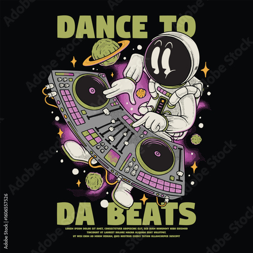 retro cartoon dj astronaut mascot in space